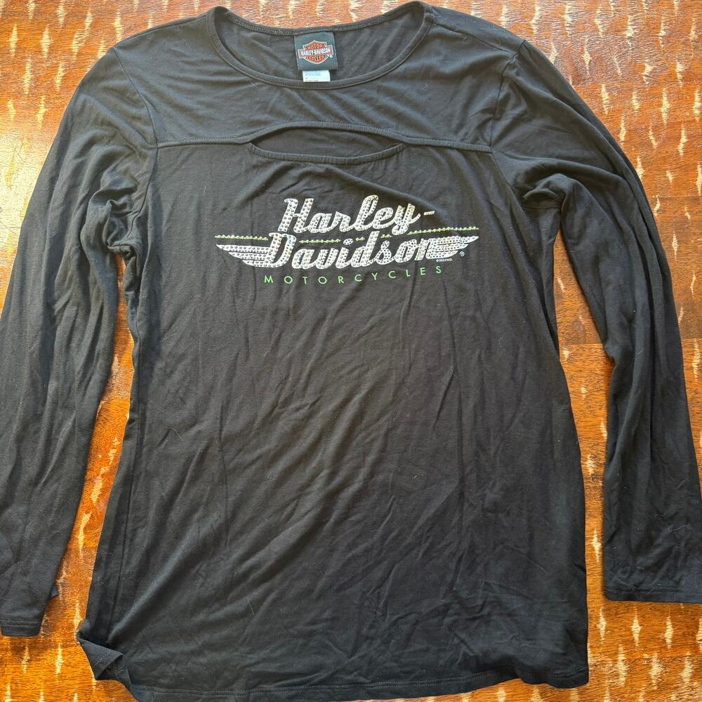 Harley Davidson Cutout Graphic Studded Top Modern Womens Large Black HT4800BLK